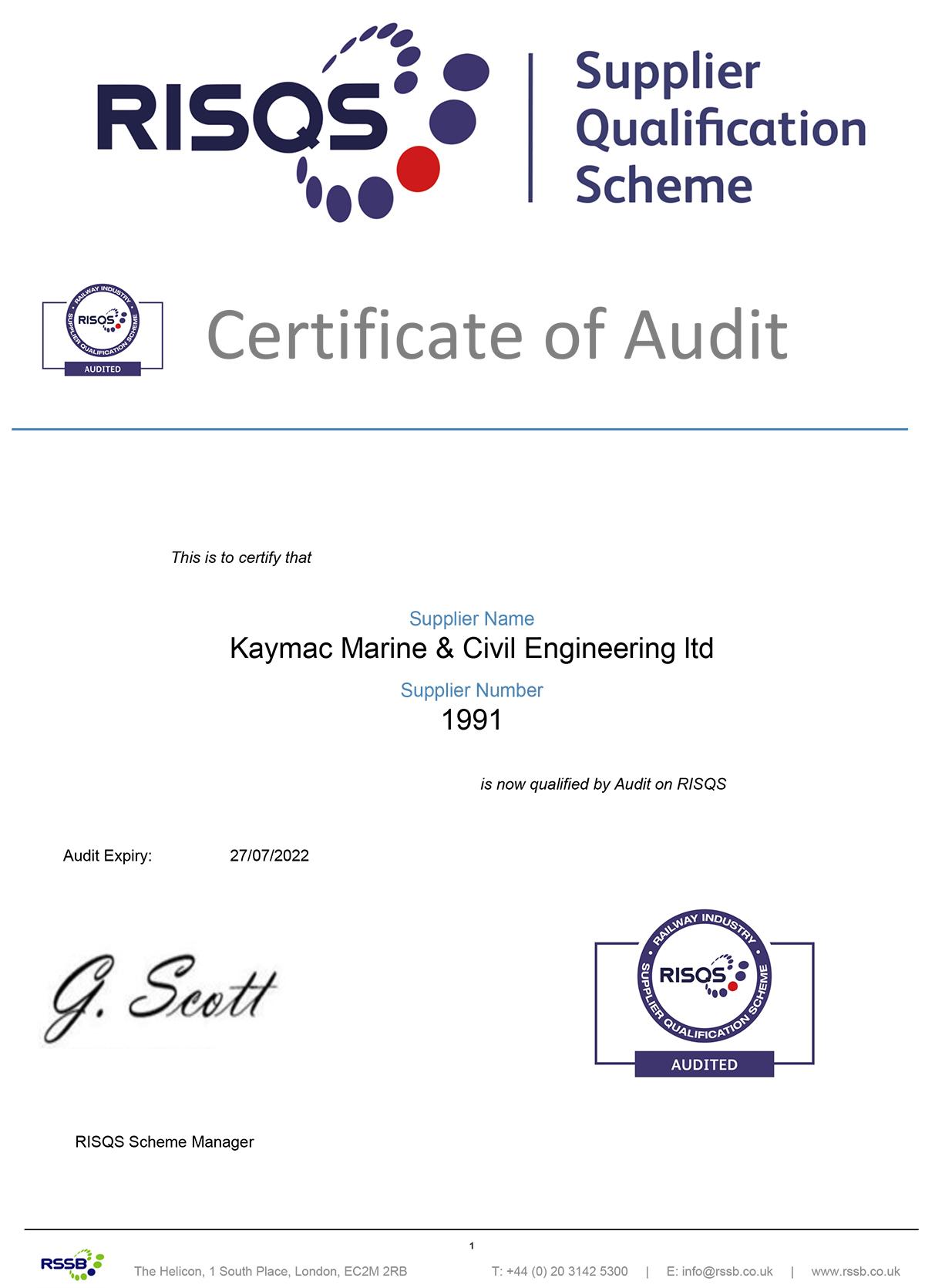 Kaymac RISQS Audit Certificate
